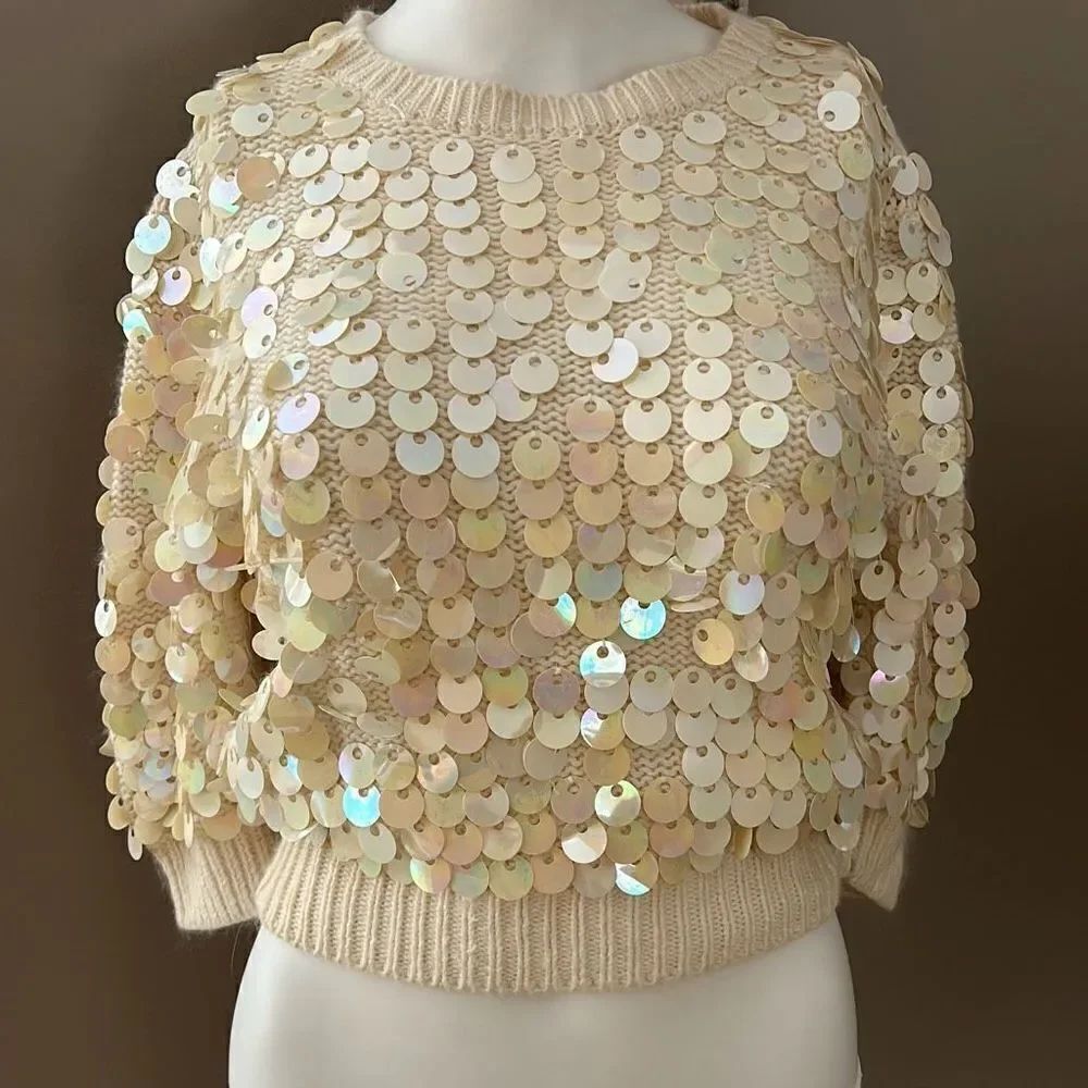 FaBE Vintage Sequin Sweater Baby Ballerina Cream Party Glam Retro Angora Lambsw
